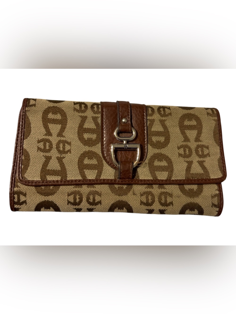 Etienne Aigner Signature Monogram Trifold Checkbook Organizer Wallet Brown
